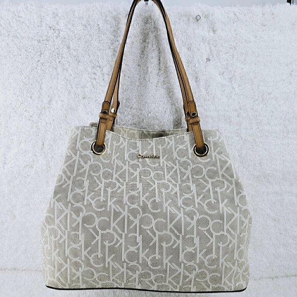 Calvin Klein Large Tan Monogram Shoulder Bag Shopper Tote with Tan Trim - Picture 1 of 16